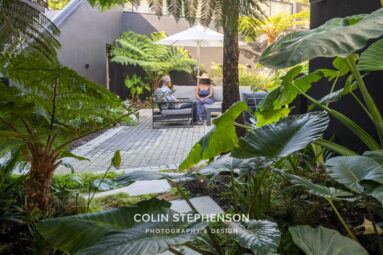 Two people sit on outdoor lounge chairs under a white umbrella in a lush courtyard garden with tropical plants.