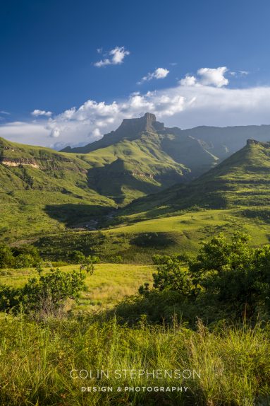 Wide valley of green hills with a flat-topped mountain rising in the distance under a bright blue sky and scattered clouds, foreground grasses framing the scene.
