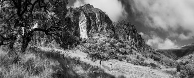 Black-and-white landscape featuring a rugged rock hill with trees in the foreground and a small hiker at the base under a dramatic sky.